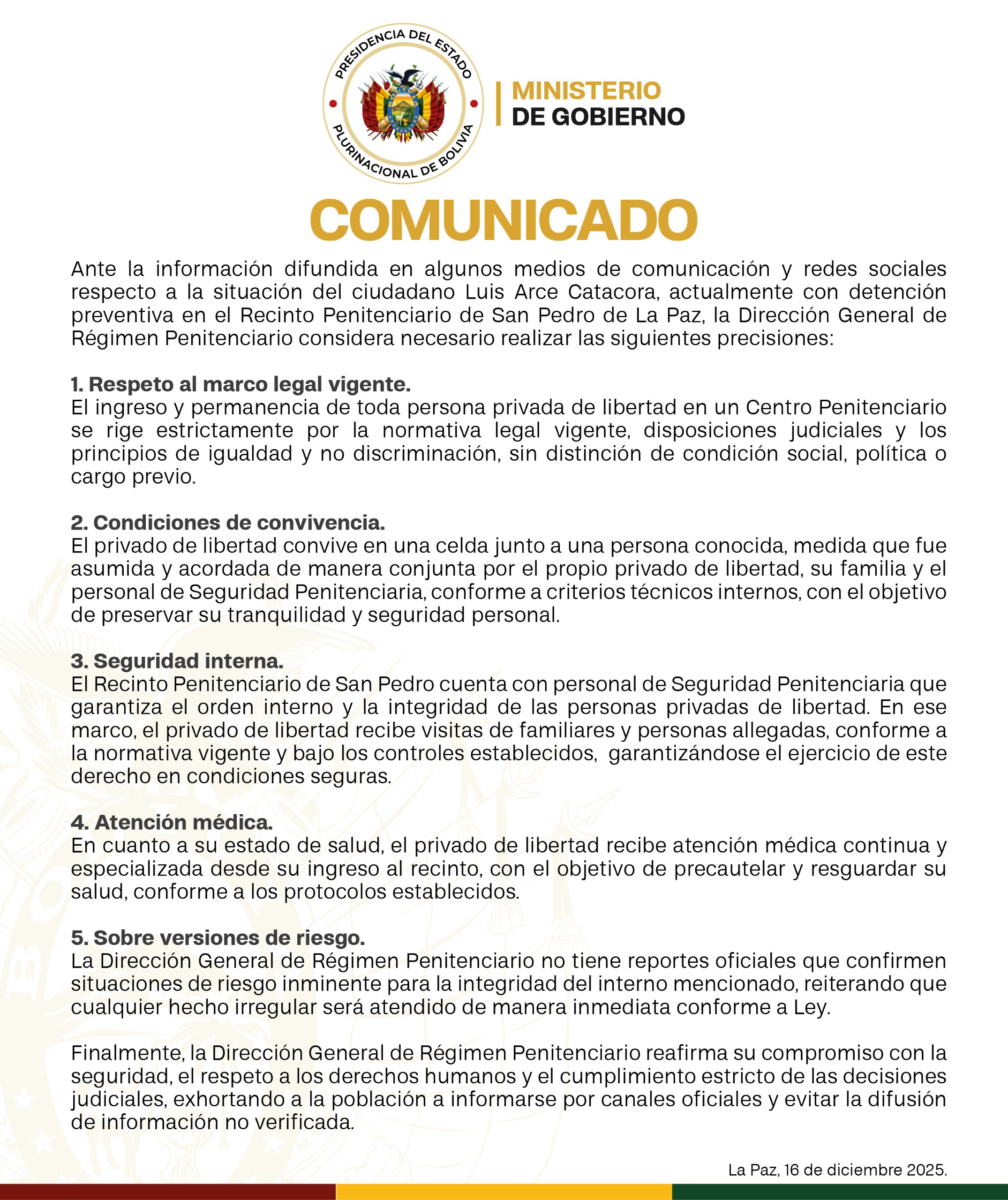 COMUNICADO – DIRECCIÓN GENERAL DE RÉGIMEN PENITENCIARIO