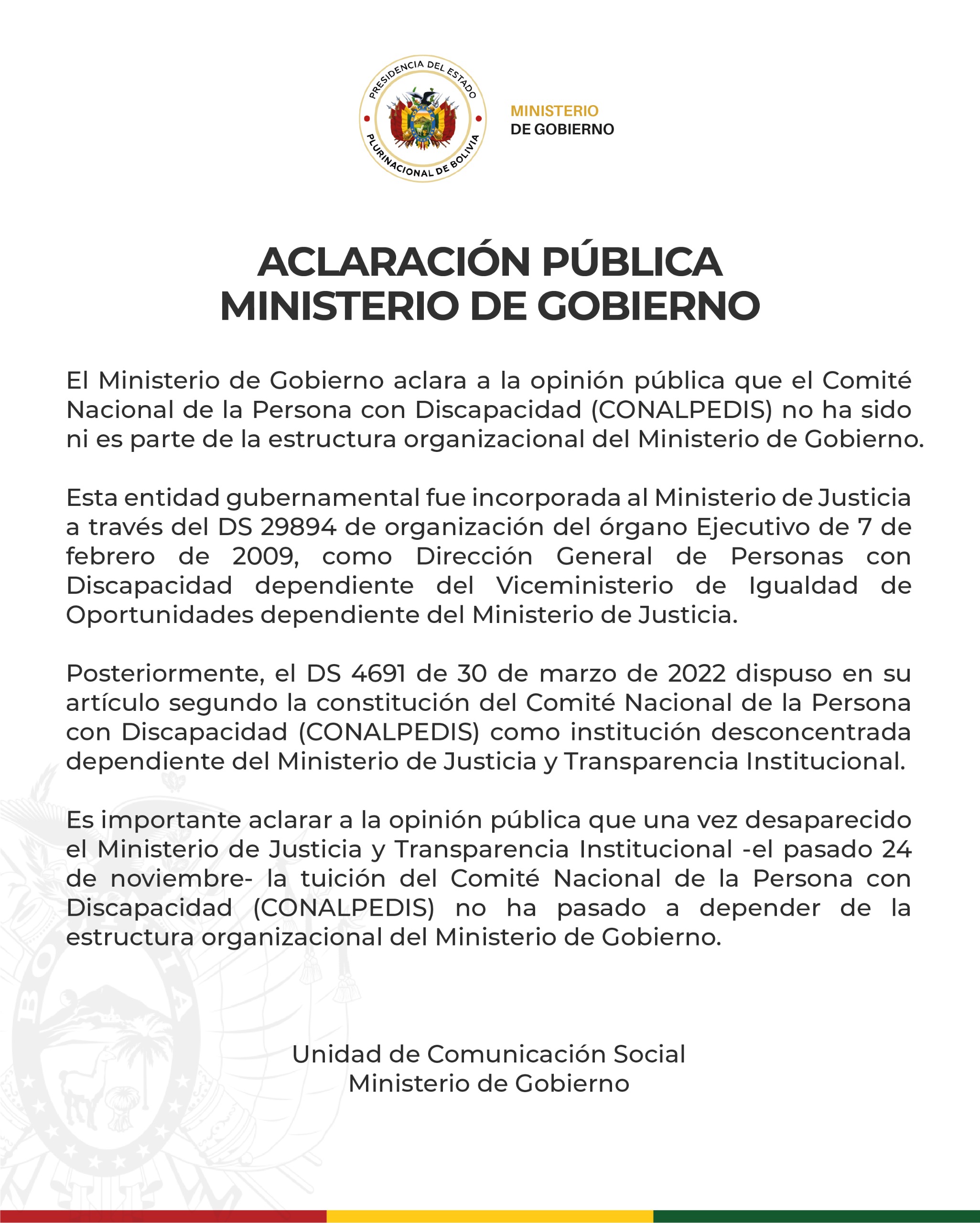 ACLARACIÓN PÚBLICA – MINISTERIO DE GOBIERNO