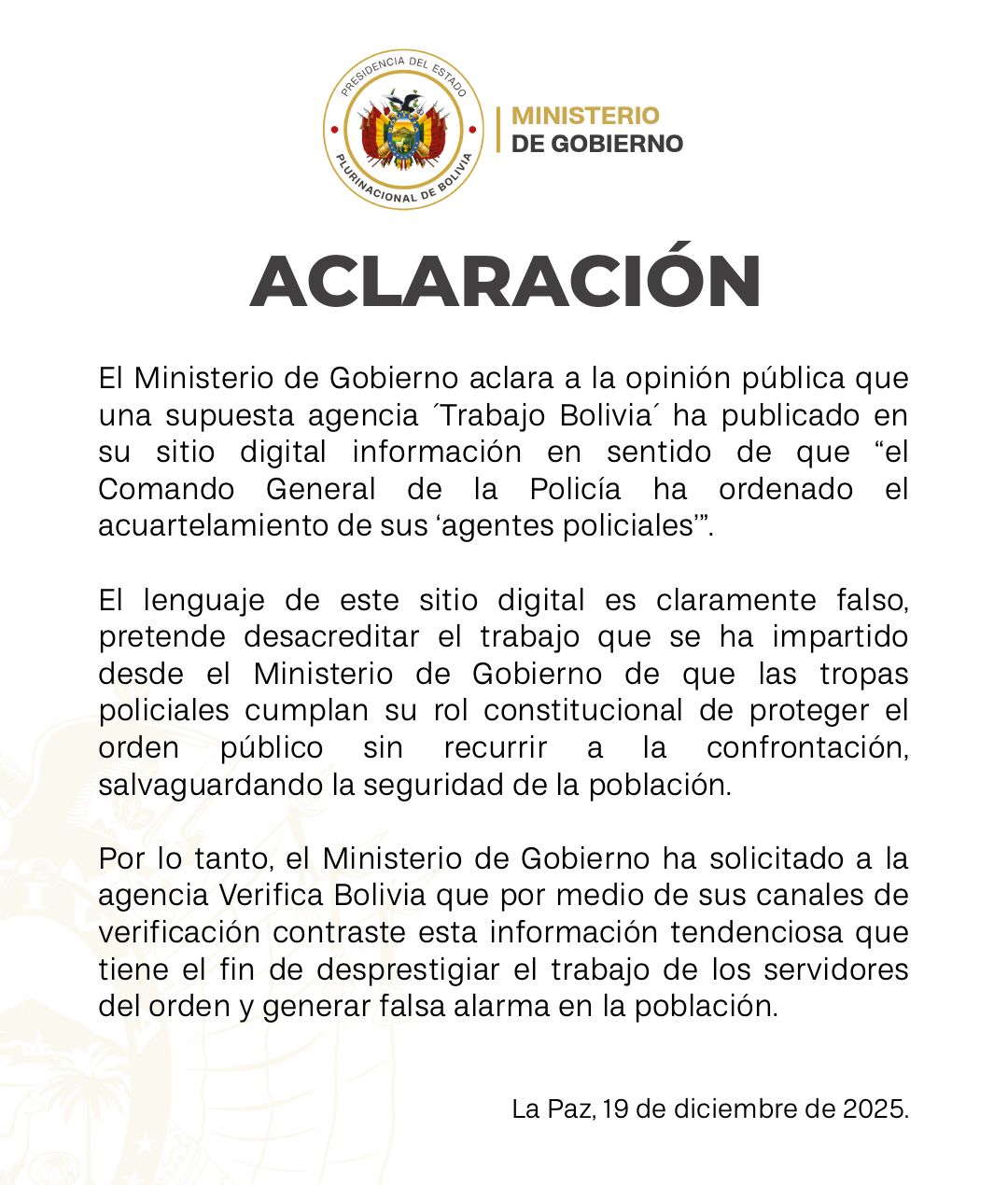 ACLARACIÓN – MINISTERIO DE GOBIERNO
