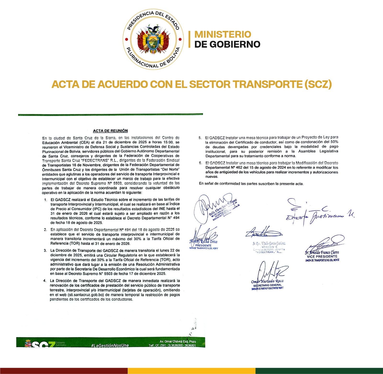 ACTA DE ACUERDO CON EL SECTOR TRANSPORTE (SCZ)