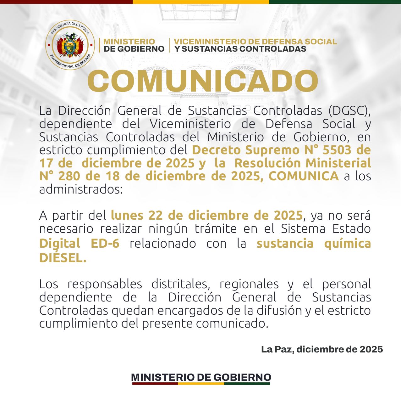 COMUNICADO – DIRECCIÓN GENERAL DE SUSTANCIAS CONTROLADAS