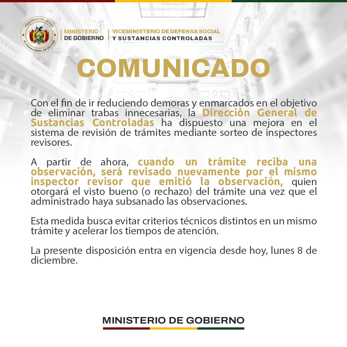 COMUNICADO – DIRECCIÓN GENERAL DE SUSTANCIAS CONTROLADAS