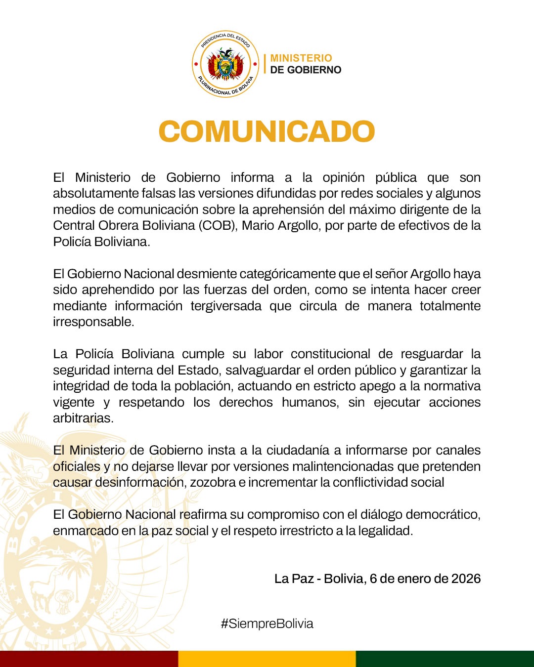 COMUNICADO – MINISTERIO DE GOBIERNO