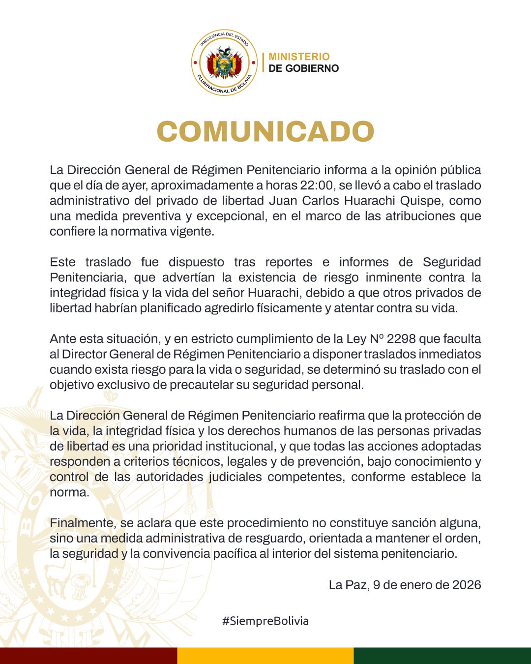 COMUNICADO – DIRECCIÓN GENERAL DE RÉGIMEN PENITENCIARIO