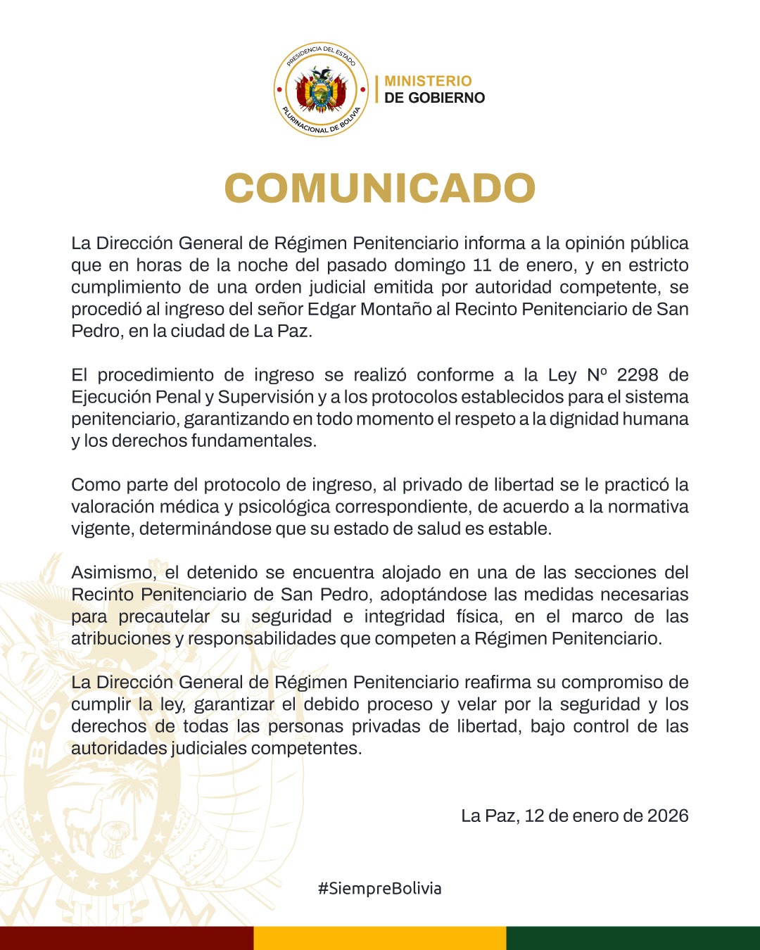 COMUNICADO – DIRECCIÓN GENERAL DE RÉGIMEN PENITENCIARIO