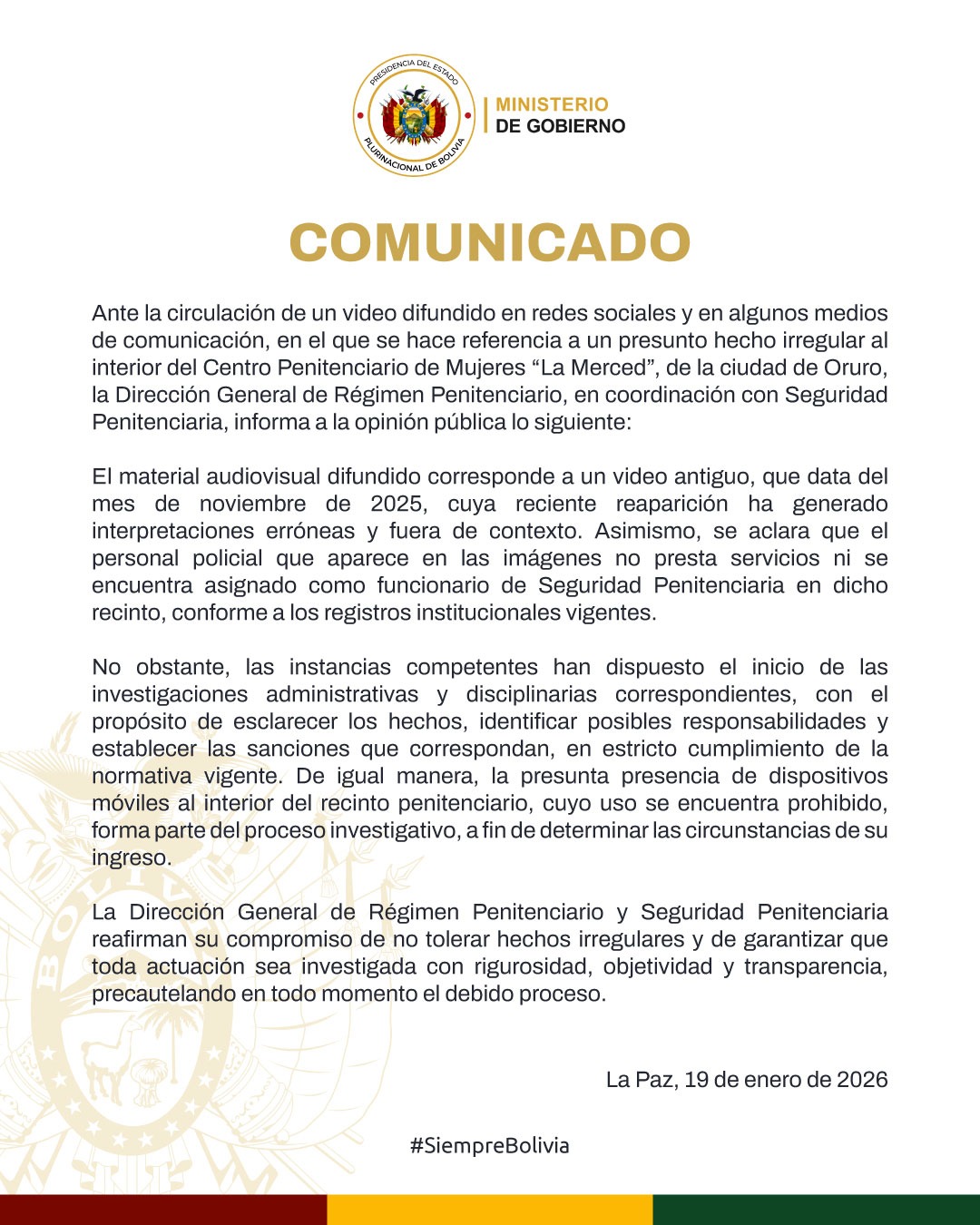 COMUNICADO – DIRECCIÓN GENERAL DE RÉGIMEN PENITENCIARIO