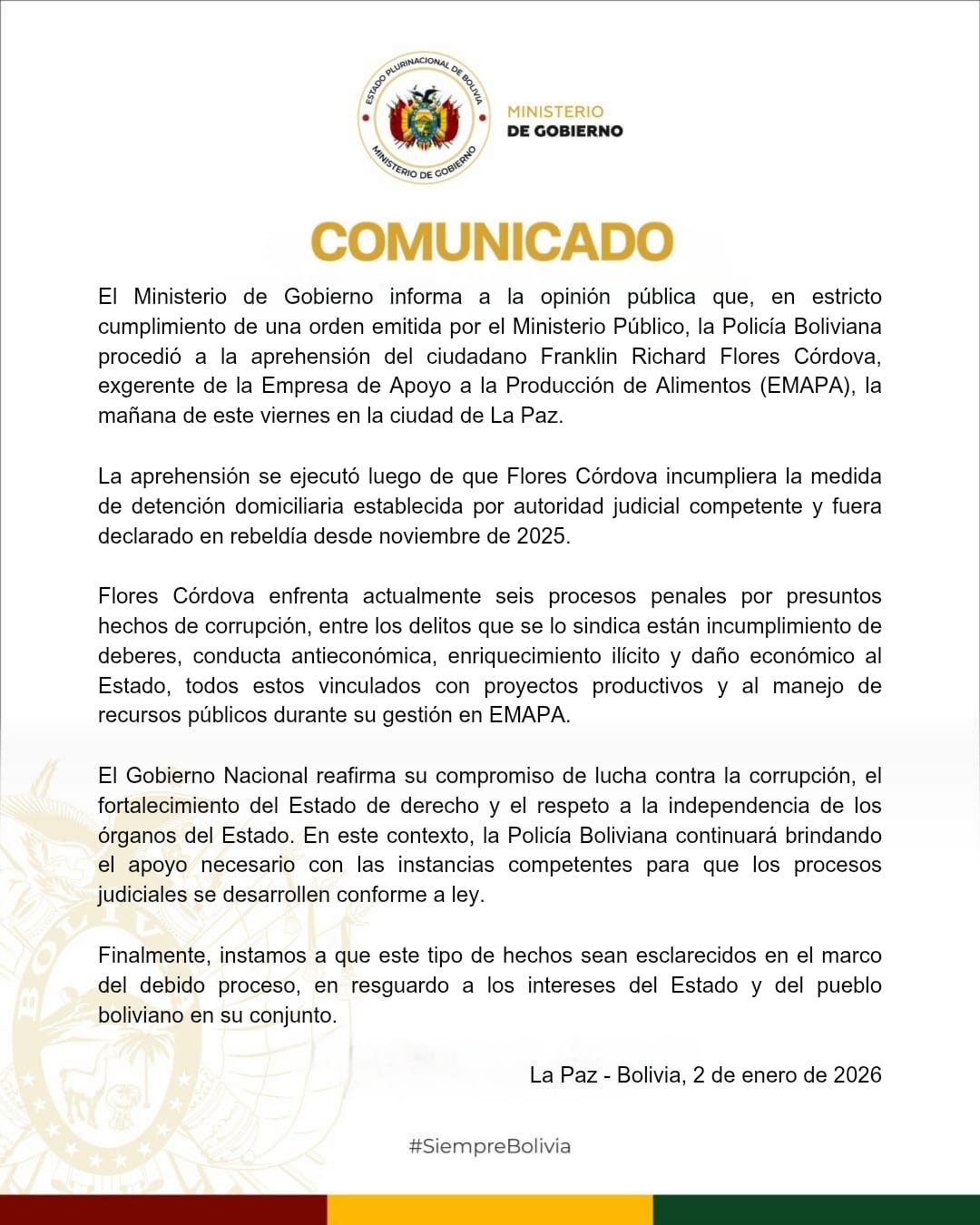 COMUNICADO – MINISTERIO DE GOBIERNO