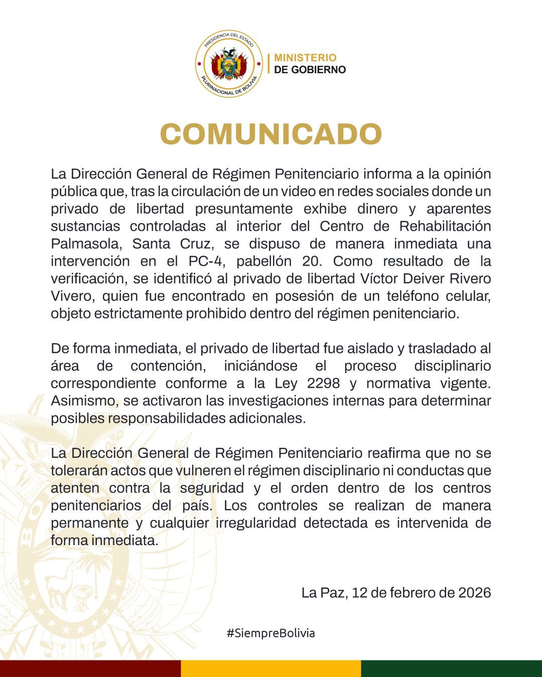 COMUNICADO – DIRECCIÓN GENERAL DE RÉGIMEN PENITENCIARIO