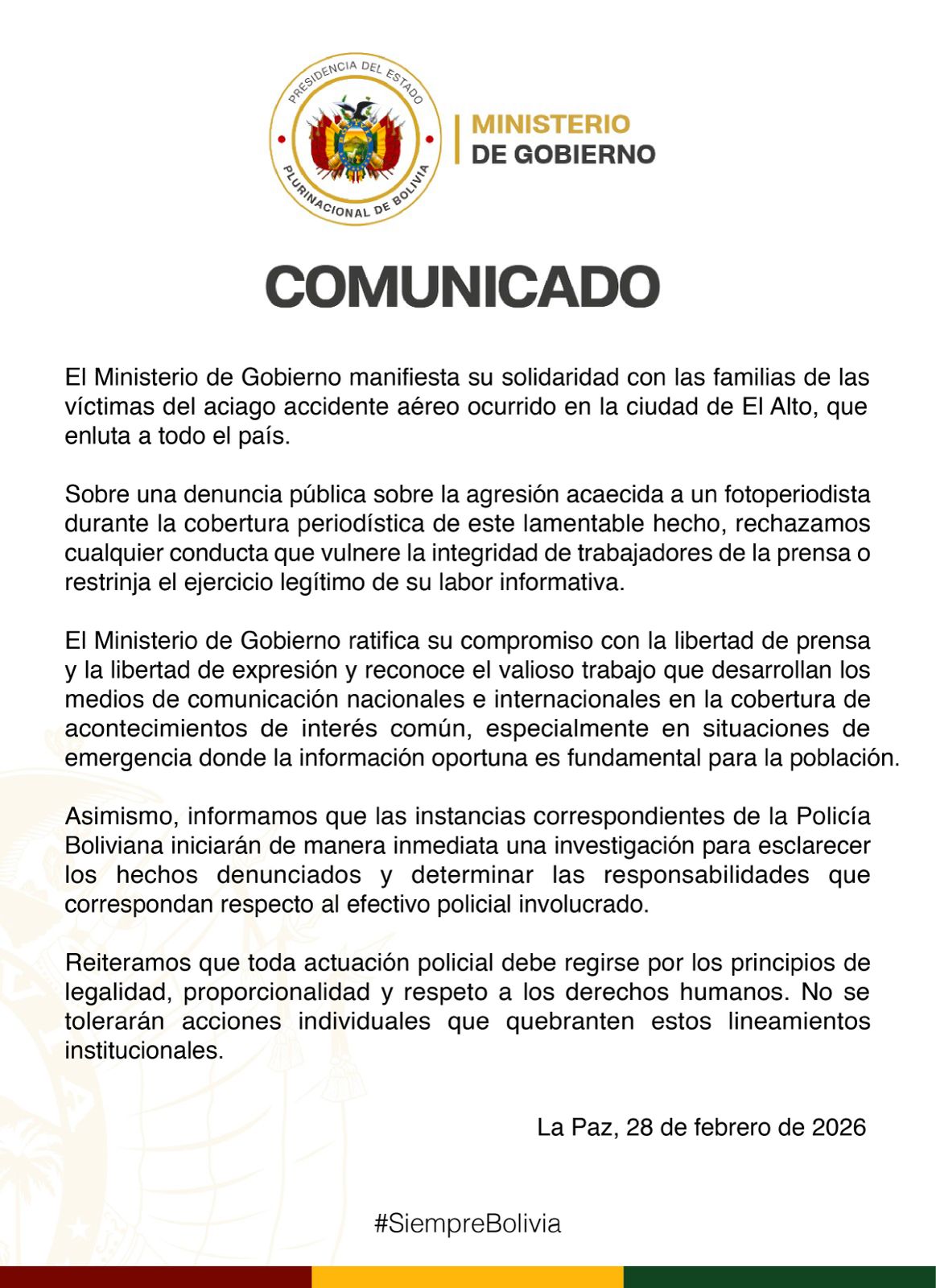 COMUNICADO – MINISTERIO DE GOBIERNO