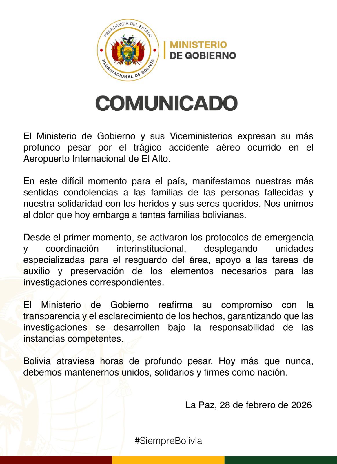 COMUNICADO – MINISTERIO DE GOBIERNO